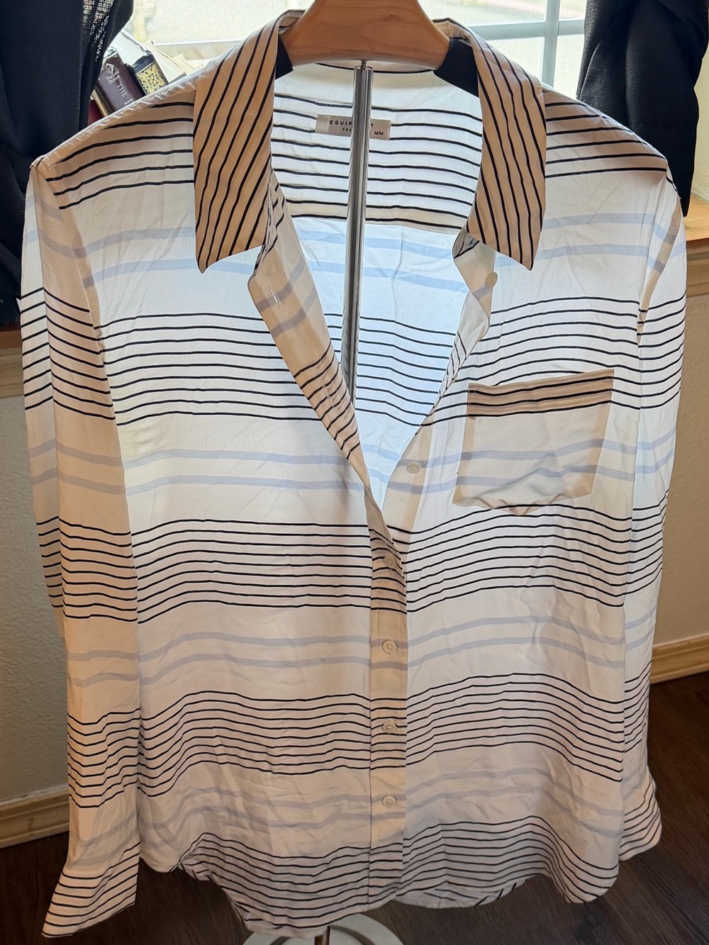 Equipment White Button-Down Silk Shirt with Black and Light Blue Stripes